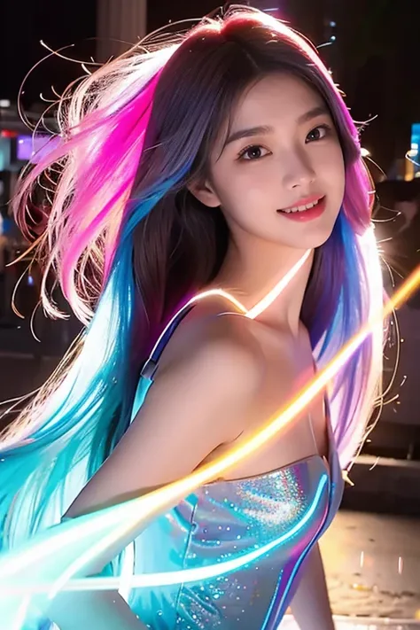  Beautiful Virtual Idols  ,  Detailed Digital Avatars  ,  Bright Holographic Figures , Clear Sparkling Skin  ,  detailed facial features ,  charming smile  , Delicate expression, Long flowing hair,  Elegant Poses  ,  Surreal Futuristic Environments  ,  Mul...