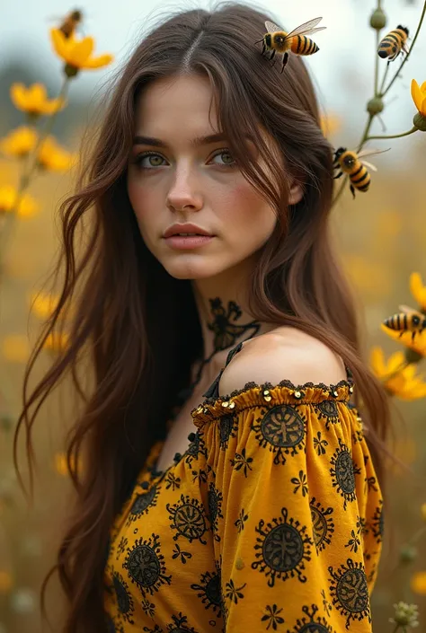 a woman, With smooth brown hair with bee clothes 