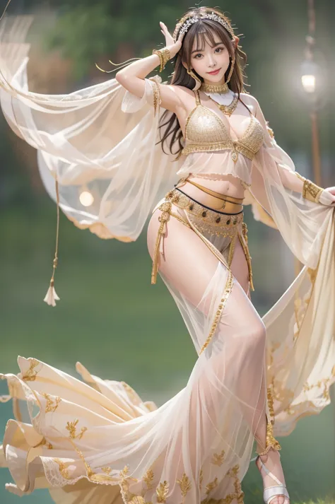 picture-like quality 、 sheer dress with a thin and tight waist, is wearing a belly dance costume,   she's dressing a belly dance...