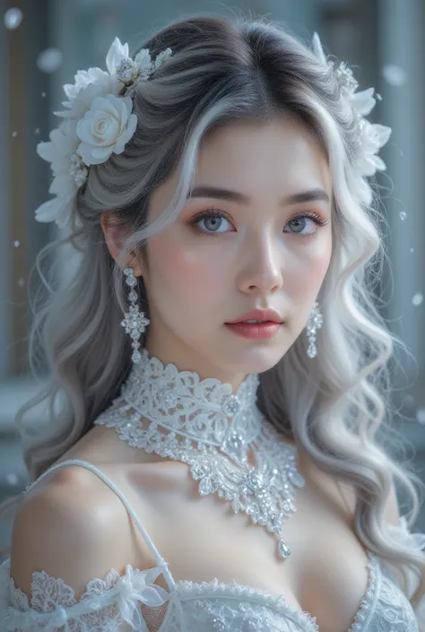  Hair decorated with exquisite floral craftsmanship, Crystal Jewelry filigree，Jewelry， super detailed details，Beautiful noble girl ， gray hair curls gracefully，(((Silver Sound)))，Golden。Blue-purple clear eyes，crystal，illusion