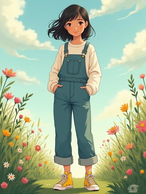 Character (Young woman, Brownish skin, Medium wavy black hair, Jeans overalls, white suete, Yellow all star shoes), Art Style (Cottagecore art style, Shoujo Anime art, pastel colors)