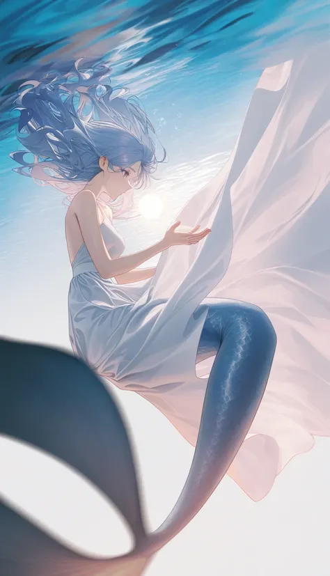 1girls, (wanke:0,7), (uten cancel), (ask (askzy):0.7), underwater , airseal, (modare:0.6), fullbody , worry , white sun dress , lace , floating hair, mermaid , light blue hair, long curly hair, Help the drowning man,  angle, depth of field, cinematic, moti...