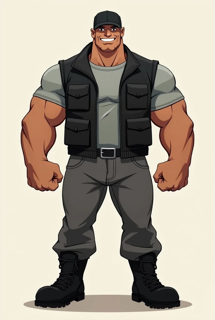 Very strong tall brunette cartoon character with a gray shirt and a black safety vest, gray pants and black boots and a black cap.