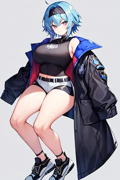 1girl, blue hair, very short hair, eula (genshin impact), black jacket, jacket, shirt, white shirt, black headband, headband, large breasts, breasts, thick thighs, wide hips, mature female, shorts, short pants, black pants, urban, smile, simple clothes, ha...