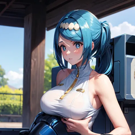 A machine shaped to imitate a womans upper body　  the penis is straddled between the womans legs　 blue hair 