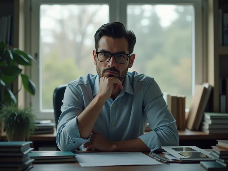 white man, black hair, glasses, therapist, sitting at his desk, looking at a window, thinking, reflexive, psychologist