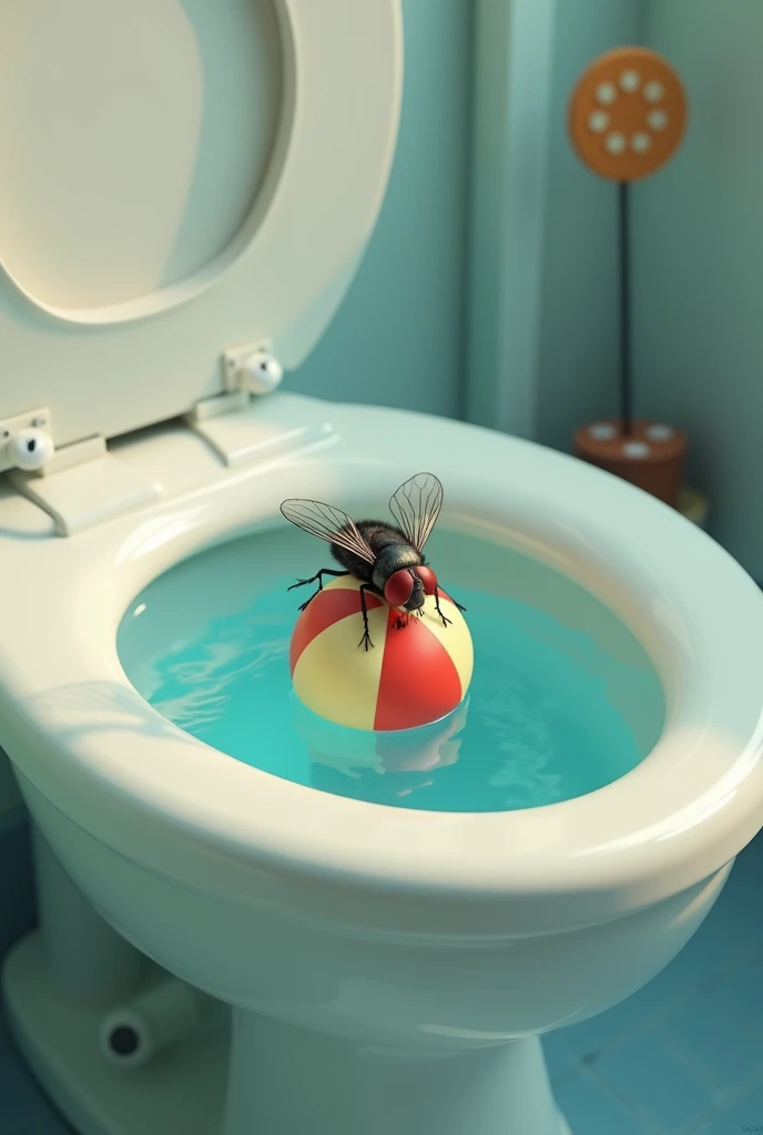  lyrics, 8K ultra HD,  a fly inside the toilet is in the water on a small beach ball playing happily, in the bathroom, small fly version and within the rate of the large toilet 