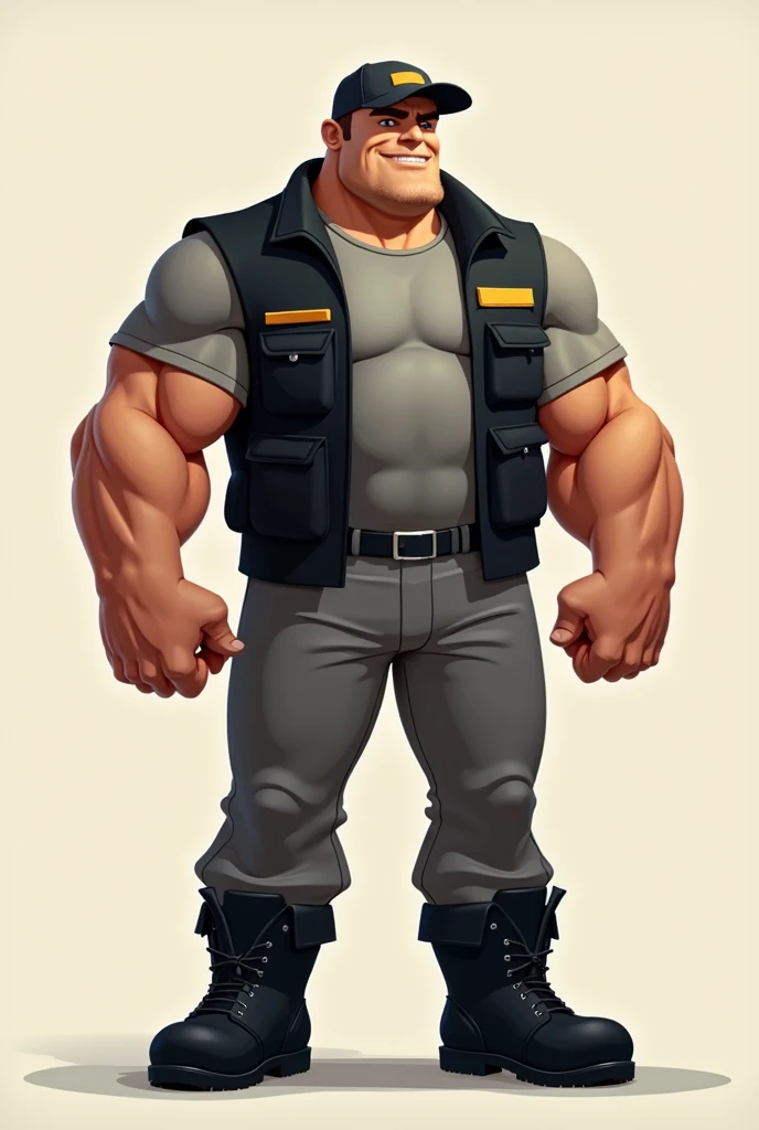 Very strong tall brunette cartoon character with a gray shirt and a black safety vest, gray pants and black boots and a black cap.