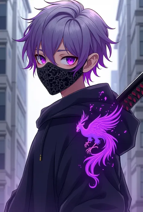  A boy with purple white hair with purple purple eyes , wearing a half skull mask with Umain8 Phoenix with purple flames on his shoulder,wearing modern clothes wearing hoodies and a shady katana on the back