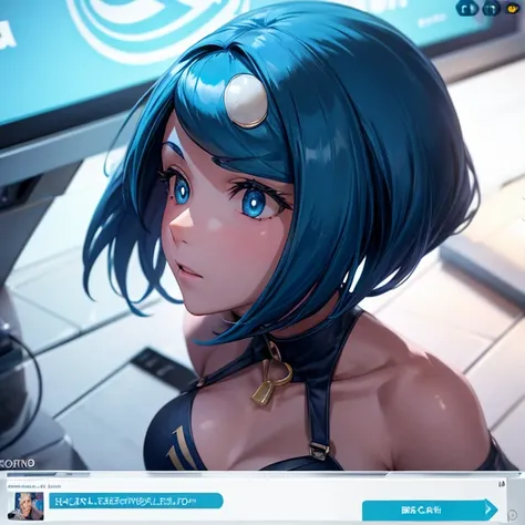 A machine shaped to imitate a womans upper body　 A woman has a penis between her legs　 blue hair 