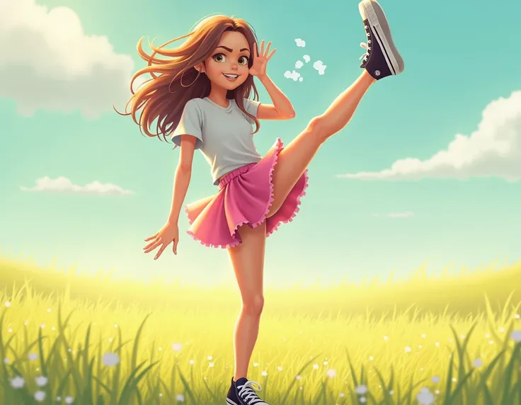  create an  girl wearing a blouse ,converse pink miniskirt and sneakers ,  who lifts her left leg up to her face