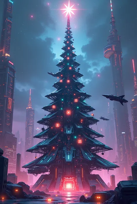 Futuristic Christmas tree with future/retro theme, fully technological in the Megaman X style, but with much brighter lighting