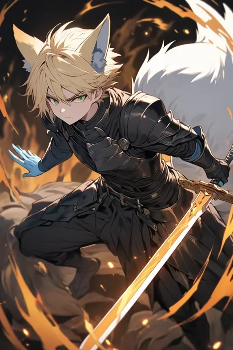 Male Kitsune, blue fur, light blue skin, black leather armor, short blonde hair hair, green eyes, few scars face, sword on left hand, magic on left hand, full body, serious expression.