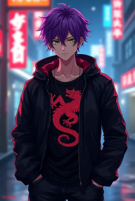 1 boy, purple hair,  green eyes, neon, black jacket. Red dragon on the shirt, smile. cyberpunk,  short hair, loose pants, city. strong. beautiful, masculine, man, 2D Anime 