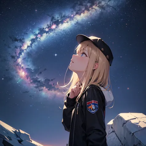 A man in a black jacket and ,  cap holding an astronaut helmet and looking up at the starry sky,  starry sky with blue and dark tones, night, 4K