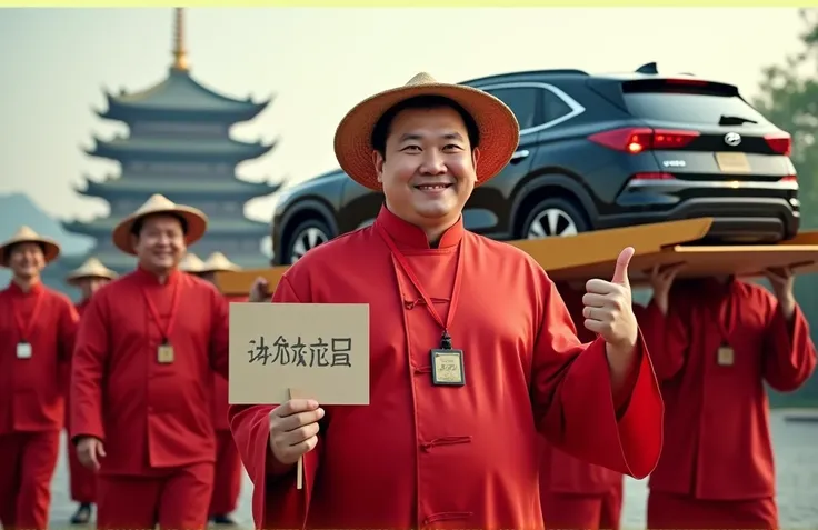 Professional advertising photo: a plump man with Asian features, looking like a Chinese, in a folk red robe. On his head is a traditional straw hat, like the tea pickers in China, and around his neck is a red lanyard with a black badge. The man smiles happ...