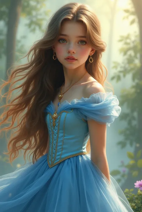 Make a girl, with white skin, long wavy brown hair, wearing a blue dress like Cinderellas dress.