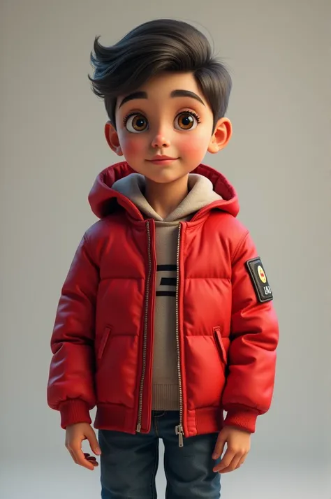 A young boy poses wearing a red jacket 