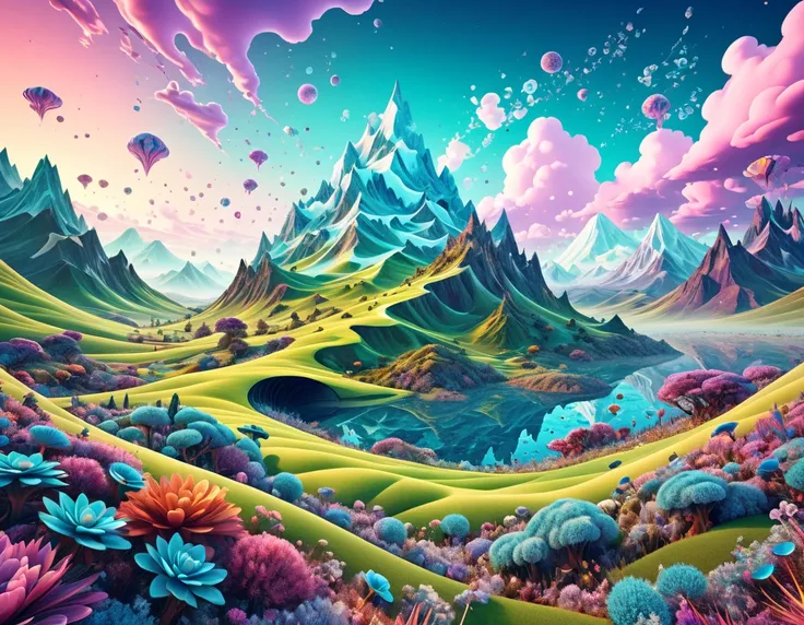 A digital cartoon lillustration depicting a field of puzzle pieces with a mountain in the backdrop, embodying a surreal dreamscape. The art showcases 4K surrealism, puzzle art, and a surrealistic 3D organic animation style. It features a fractal dreamscape...