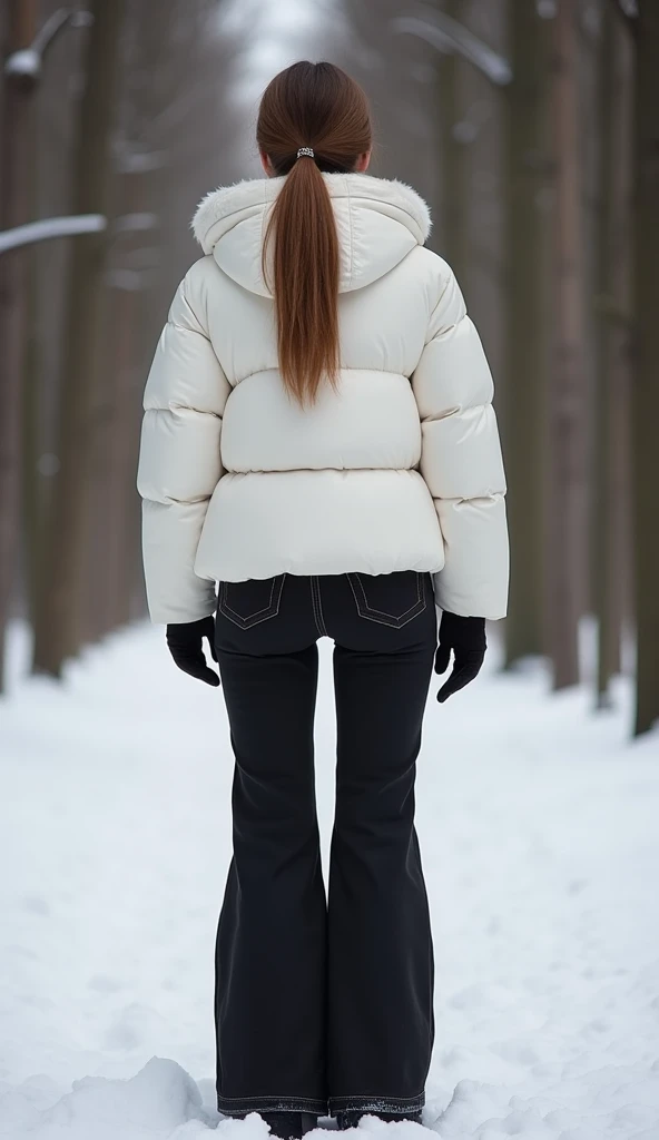 Sexy tall 20 year old girl ,  tail in a very short and thick white puffy jacket with a ,  big round buttocks and sweet thighs in high-rise black wide jeans,  perfect body,  narrow waist , in autumn boots , stands in the winter forest, Back view, 