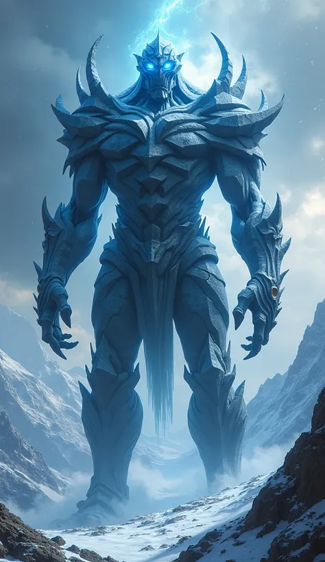 Design a towering titan that stands at the highest mountains. Its body should be made of jagged stone and ice, and its eyes should glow with a fierce, icy power. The creature should have the ability to control the weather and manipulate the earth. The back...