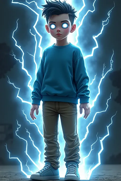 Draw a boy with empty white eyes without pupils, brave face, blue sweatshirt, brown pants,  gray shoes with his hair stuck at the top and shaved on the sides, with his body covered in electricity 