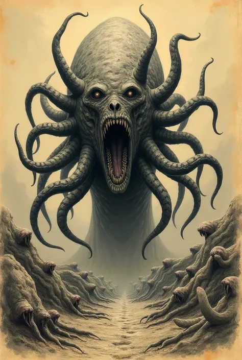 Huge, trypophobia,  vile creature .  An old yellowed page from an old book.  Vertical view from above .  Depicting a multi-armed nightmare creature,  a lot of slimy ones stand on the ground , lies,  dynamic pose, vile limbs . lots of eyes , Many tentacles,...