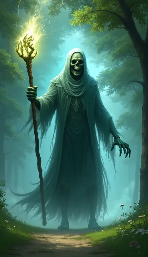 a scary and horror ghost, humanoid, horror, standing, park, park in background, moving magical stick, disney pixar style image