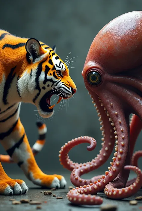 Create an ultra realistic image of a tiger staring at an octopus, Theyre both mad .  make them with their bodies showing