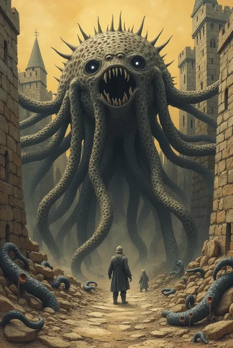 Huge, trypophobia, vile creature breaks castle walls .  An old yellowed page from an old book.  Vertical view from above .  Depicting a multi-armed nightmare creature,  a lot of slimy ones stand on the ground , lies,  dynamic pose, vile limbs . lots of eye...