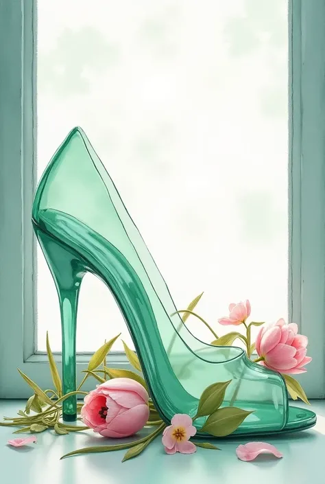 An image of a delicate, transparent light pink and emerald glass shoe in a watercolor style. Sparse mauve tulips, with the blooms contrasting the light pink and emerald glass shoe. Scattered around the shoe is an assortment of a variety of leaves. In the b...