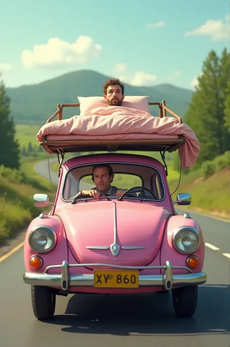 A man driving a pink car with a bed on top of the car