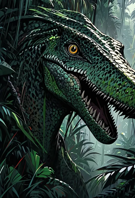 solo, female, dinosaur girl, raptor, jungle, close up, smile