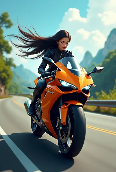  Beautiful girl with long straight hair, riding a sports bike