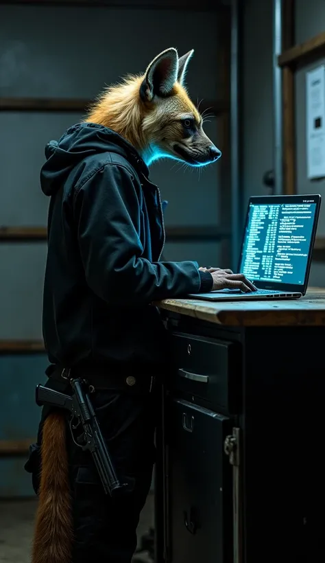 A standing hyena, dressed in the black clothes of a clandestine operative, manipulating a laptop with holograms of hacked systems around it. She carries a small revolver attached to her belt and is hidden in a dark shed.