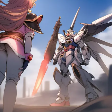 ( best quality)), ((masterpiece)), one girl,One robot 、 Lina Inverse( Slayers )、Dragon Gundam in the background(Mobile Fighter G Gundam)