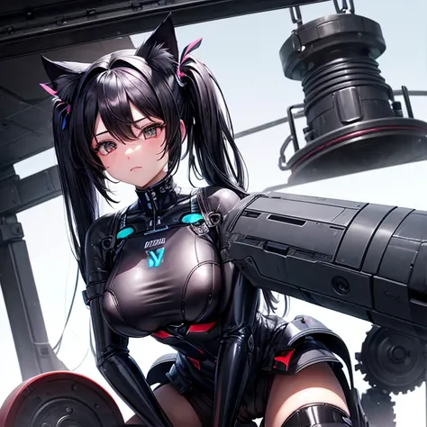 A machine shaped to imitate a womans upper body　 (((A woman has a penis between her legs)))　Black hair sleeping on a machine　Cat ears　 twin tails