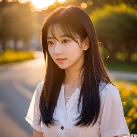  Asian women with round face wearing Korean cosmetics,  bright-looking pimples,  clear and shiny .,  Beautiful girl, Long hair, Ponytail,extra long hair,  2 meters long , Long hair blows up in the wind., Dark red shirt dress, short sleeves  ,Minirad , , st...