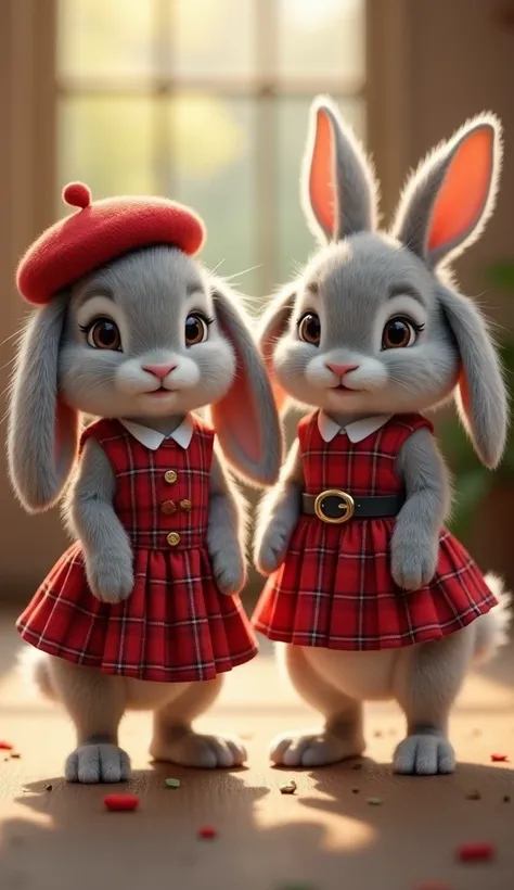 " Realistic and cute bunnies standing on their back legs , Ears hang downwards . Facing Front, she; wearing a red plaid dress with belt and a red plaid beret.  rabbits have soft gray fur ..  droopy ears enhance the cuteness of rabbits .  The background is ...