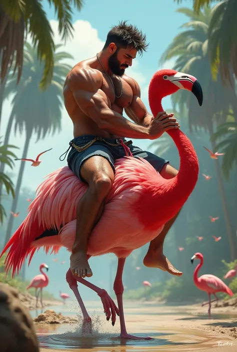 On a big pink flamingo sits a very  atletic body hot 2person gay love also has well hairy rides this flamingo as if he were his horse in the background is full of birds in the distance Palm trees