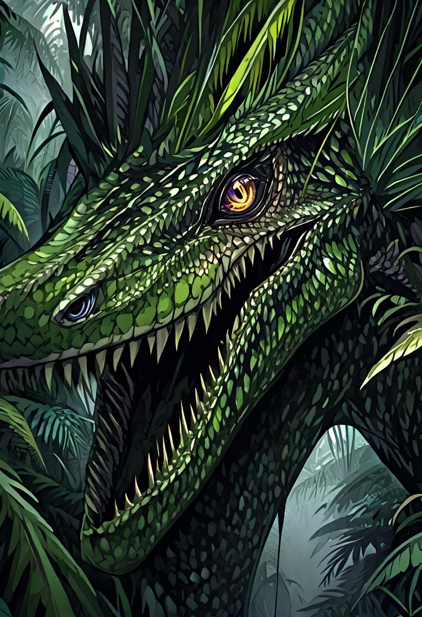 solo, female, dinosaur girl, raptor, jungle, close up, smile, woman, monster girl