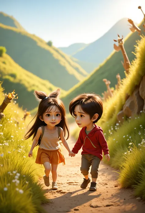 Pixar style, , The girl is with a boy walking and having fun UP