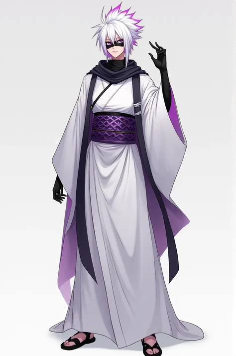 This character embodies a striking blend of traditional and modern aesthetics. They wear a long white robe with a simple yet elegant design, enhanced by reflective dark purple accents that add a futuristic touch. Around their waist is a belt resembling a t...