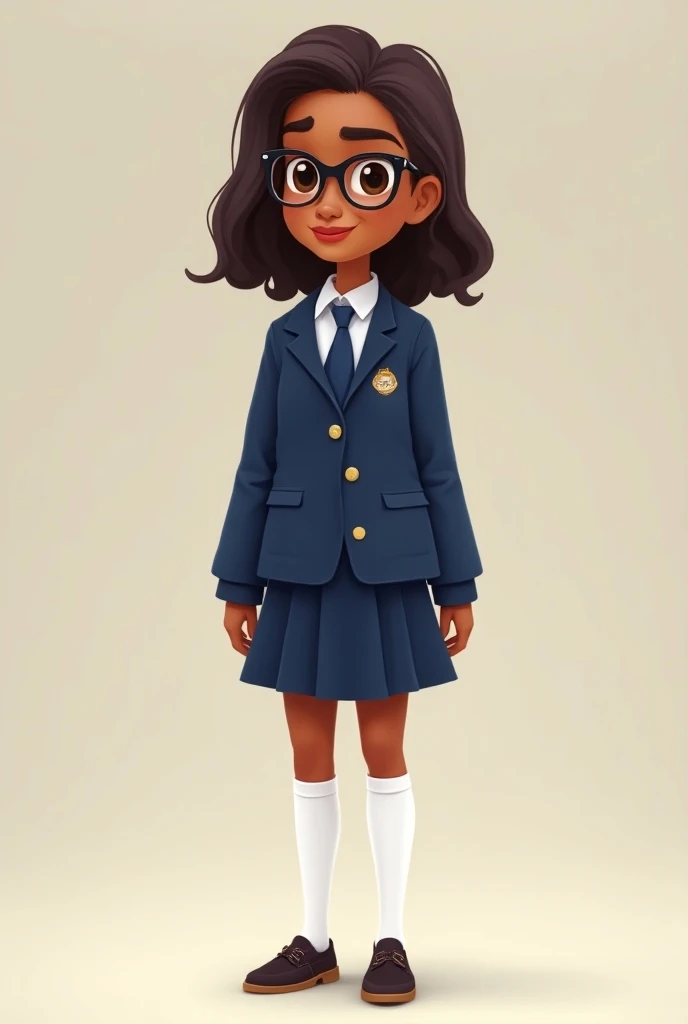  Girl  dark skin color with brown eyes wears glasses full lips wears braces brown hair wavy shoulders with a split in the middle they wear a report that is navy blue jacket navy blue tie and white shirt,navy blue knee-length skirt  ,white stockings up to t...