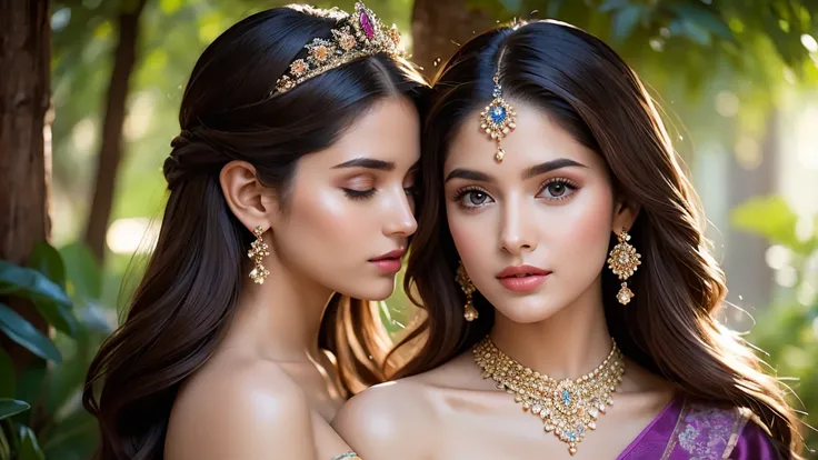 Mysterious and fascinating, Has an otherworldly beauty, An elfin Indian princess and her maid are deeply in love with each other, Kiss, Her features are delicate and unusual, Large, Captivating eyes that glow from within. Iridescent skin glows with hues of...