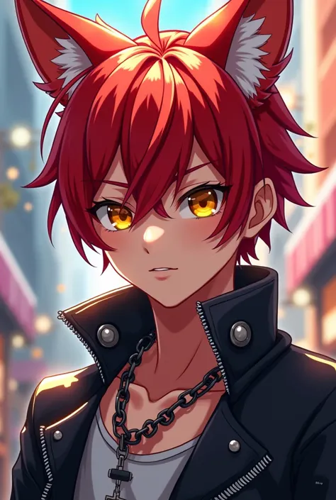 young anime man, redhead,  Fox ears ,  Yellow Eyes , rockstar clothing ,  anime style, book-cut hair 