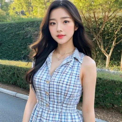 , an Asian woman with a round face wears Korean makeup.,  bright-looking pimples,  clear and shiny .,  Beautiful girl, Long hair, Ponytail,extra long hair,  2 meters long , Long hair blows up in the wind.,In a dark blue white plaid shirt dress ,Minirad , ,...