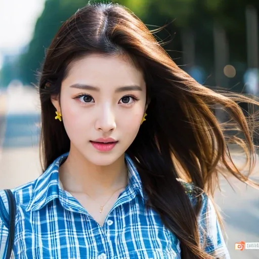 , an Asian woman with a round face wears Korean makeup.,  bright-looking pimples,  clear and shiny .,  Beautiful girl, Long hair, Ponytail,extra long hair,  2 meters long , Long hair blows up in the wind.,In a dark blue white plaid shirt dress ,Minirad , ,...