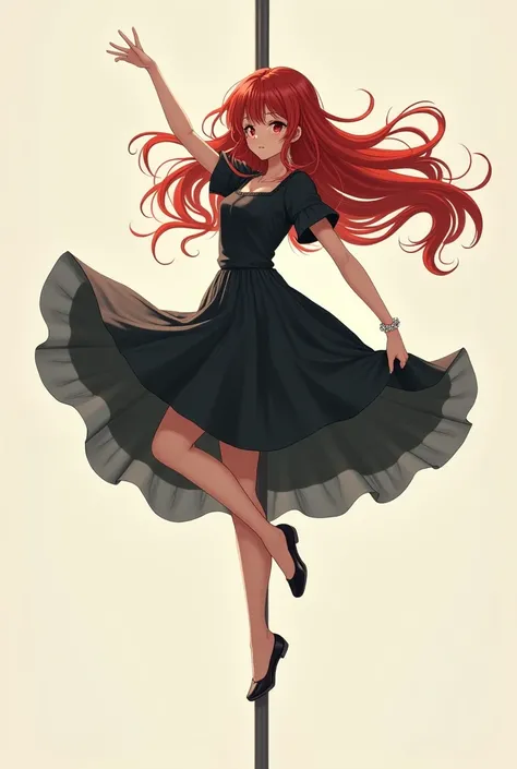  Beautiful girl with long red hair,  with black dress, Dancing on a pole dancing tube, in anime style