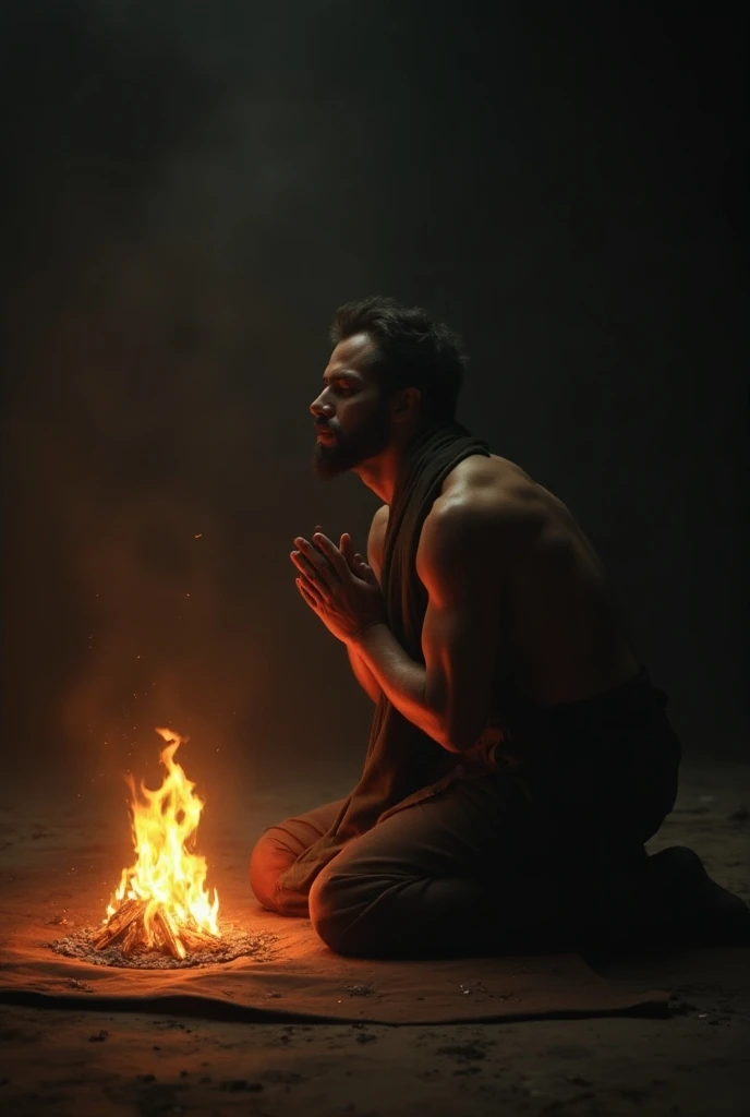 a kneeling man praying with fire